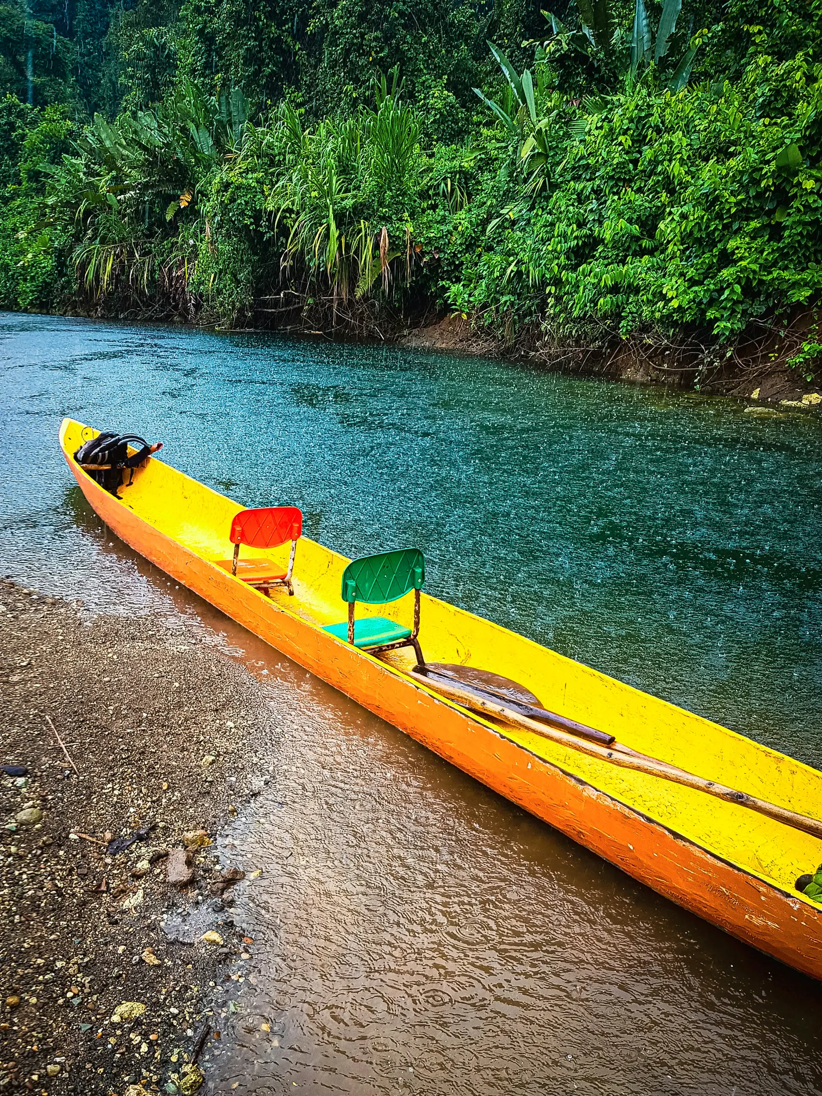 Canoa amarilla en la orilla de un río de aguas verdes